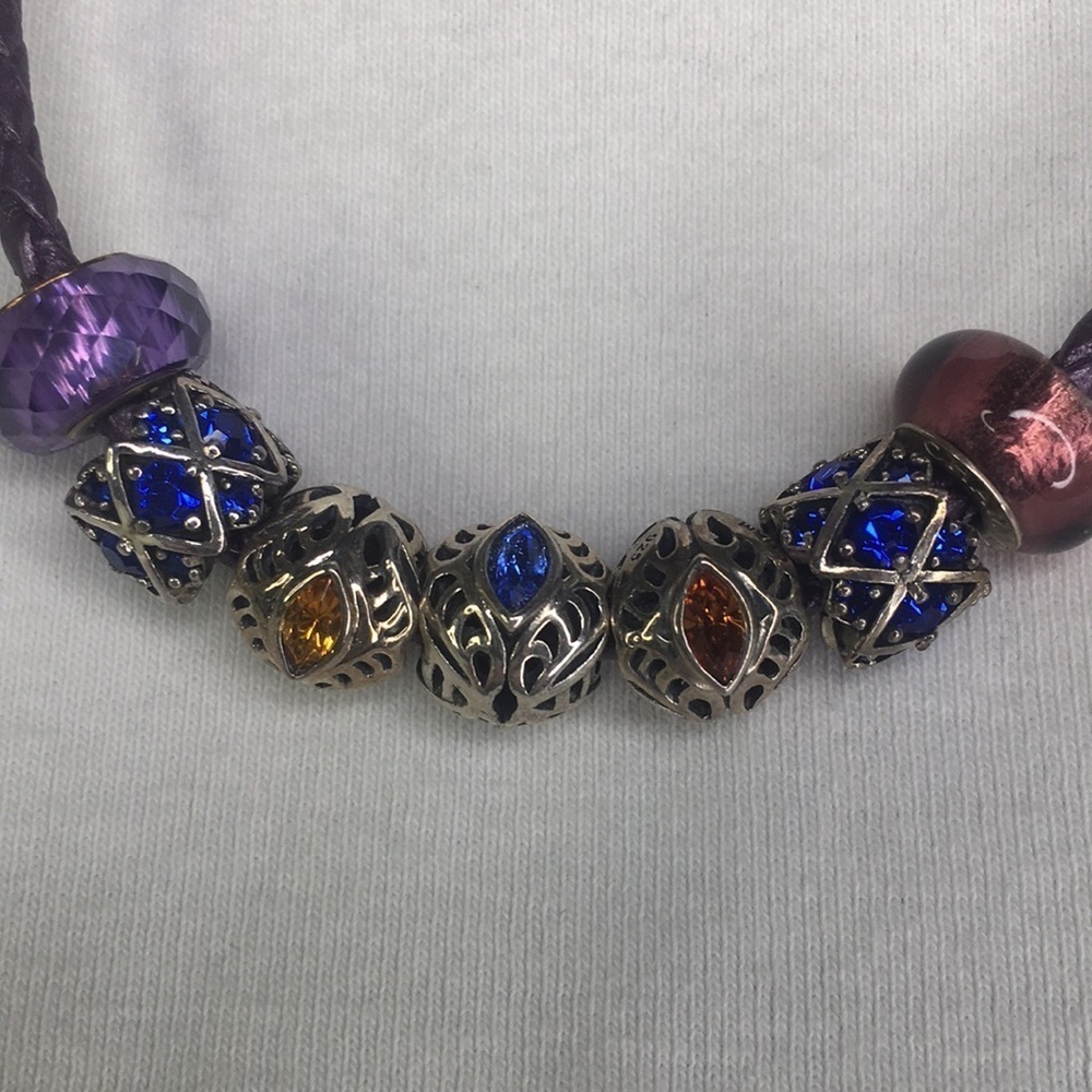 Authentic Chamilia Sterling Silver Charms 7 purple leather necklace 20" long